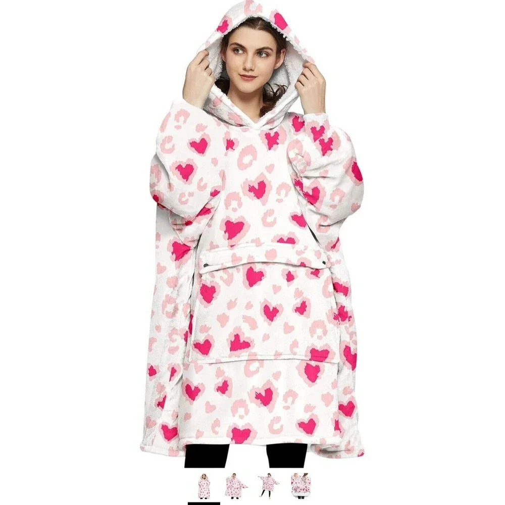 Blanket Sweatshirt Hoodie Adults Sherpa White w/ Pink HEARTS Oversized LOVE NEW